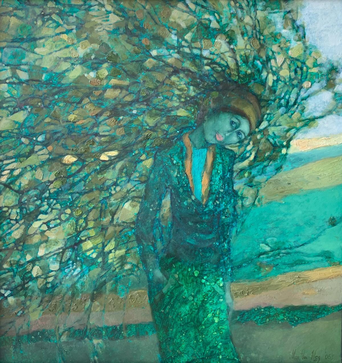 Forest lady - Oil figurative painting, Portrait, Monochormatic, Polish artist