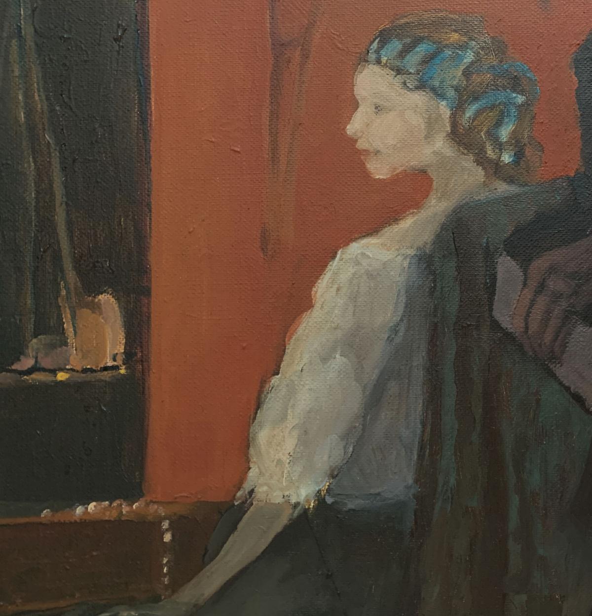 En pensamientos  - Siglo XXI, Pintura figurativa al óleo, Paisaje Figuras femeninas - Figurative Painting Negro de Martta Węg