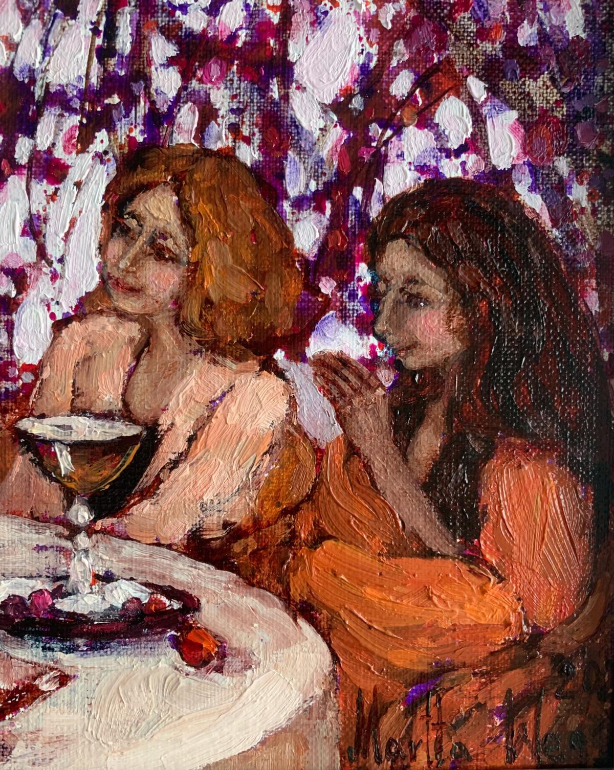 Encuentro después de años 2. Pintura figurativa al óleo, Colores vibrantes, Artista polaco - Landscape Painting Negro de Martta Węg