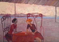 Mujeres bebiendo chocolate. Pintura figurativa al óleo, Colores vibrantes, Artista polaco