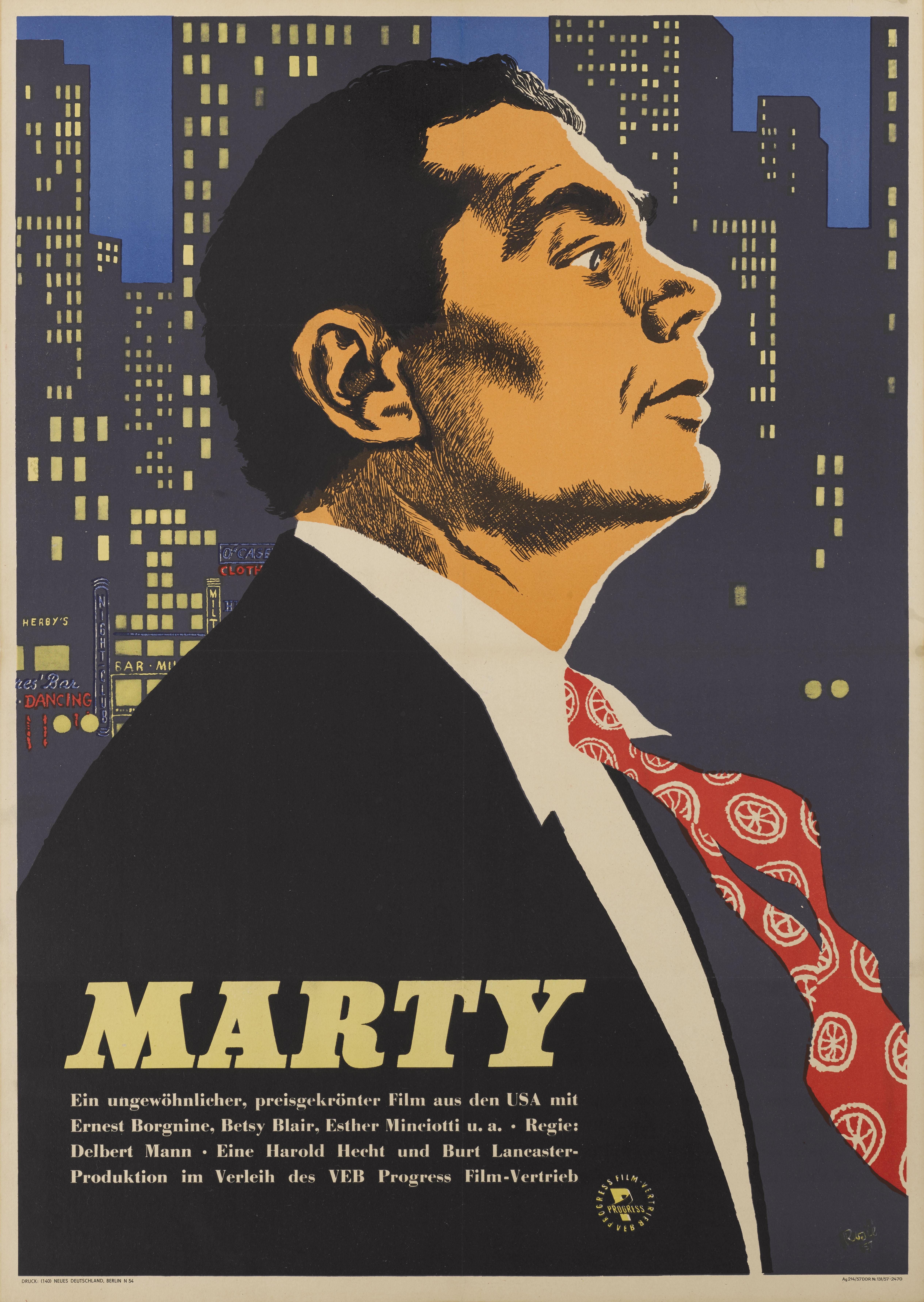 Original East German film poster for the 1955 drama romance Marty.
The film was directed by Delbert Mann and starred Ernest Borgnine and Betsy Blair.
This cool poster was designed for the films first East German release in 1957.
This poster