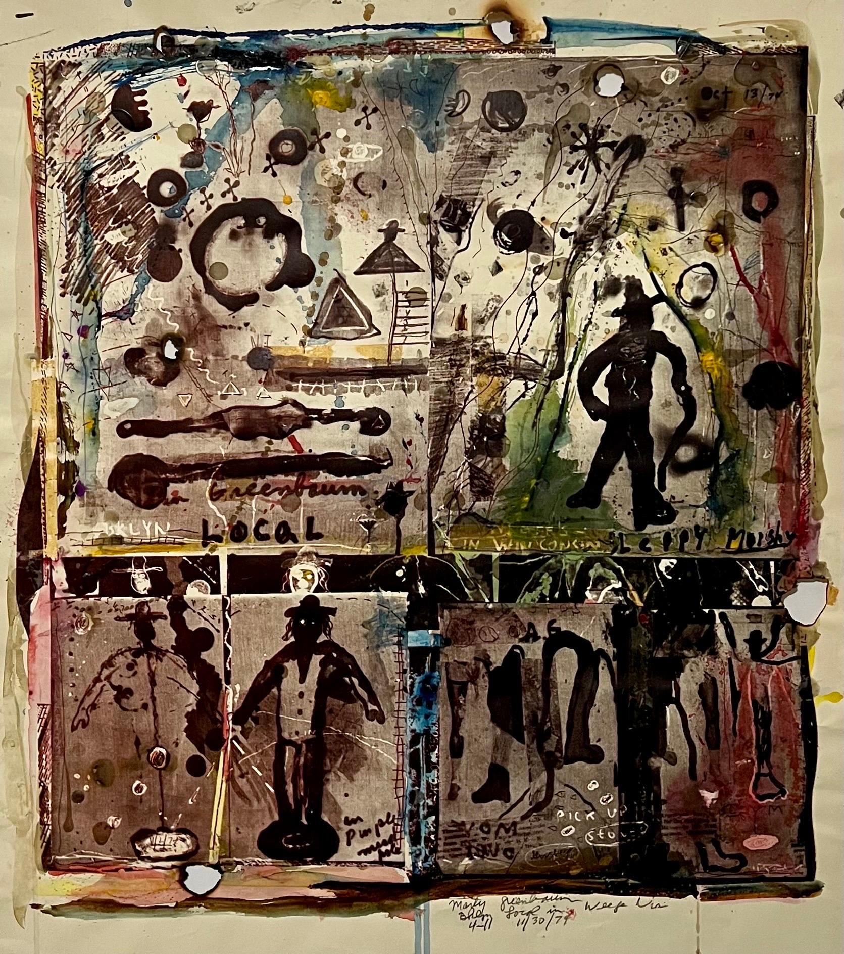 Impression technique mixte Pop Art Brut Collage, peinture, brûlage, tapis, Marty Greenbaum en vente 1