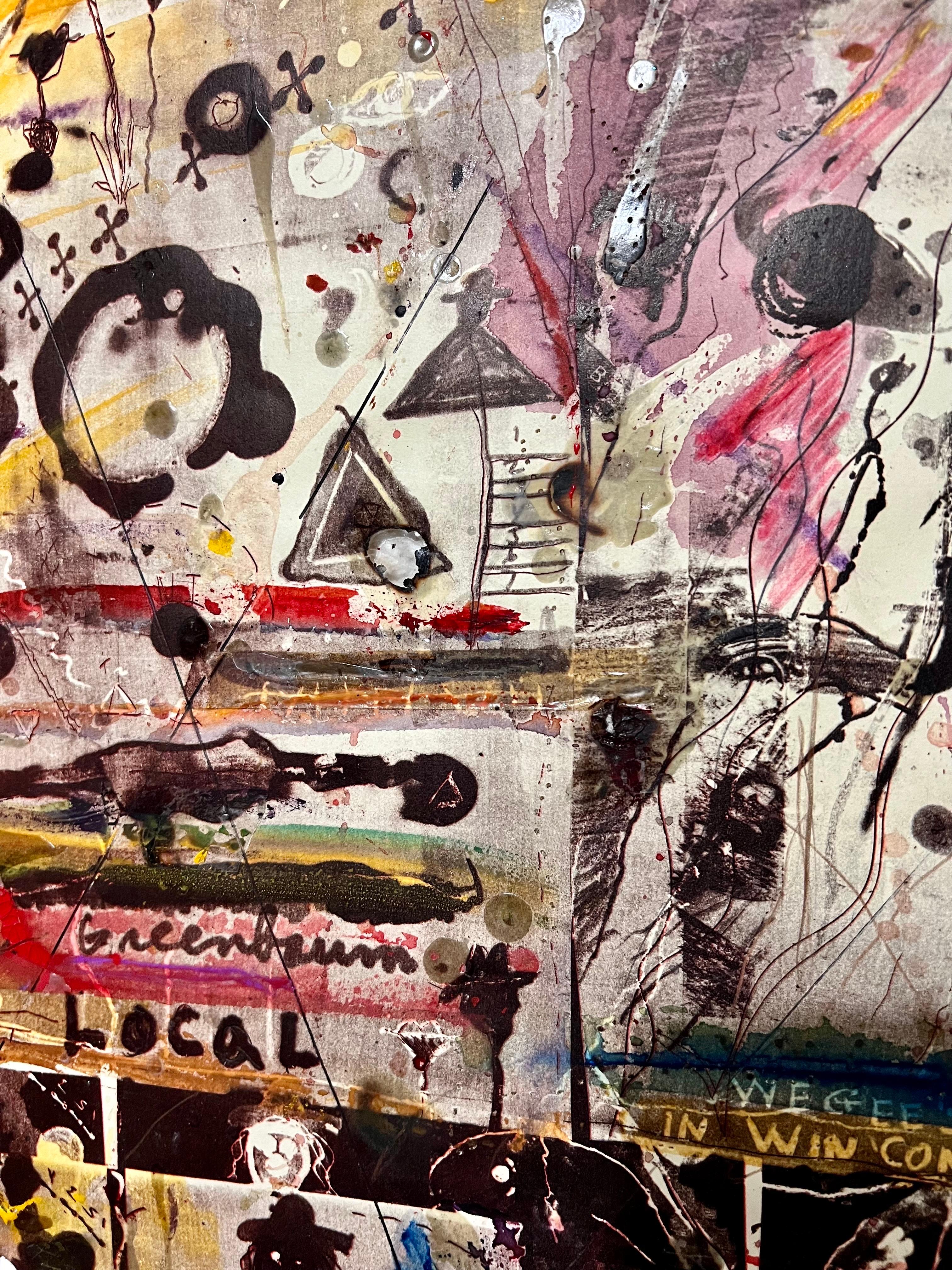 Impression technique mixte Pop Art Brut Collage, peinture, brûlage, tapis, Marty Greenbaum en vente 1