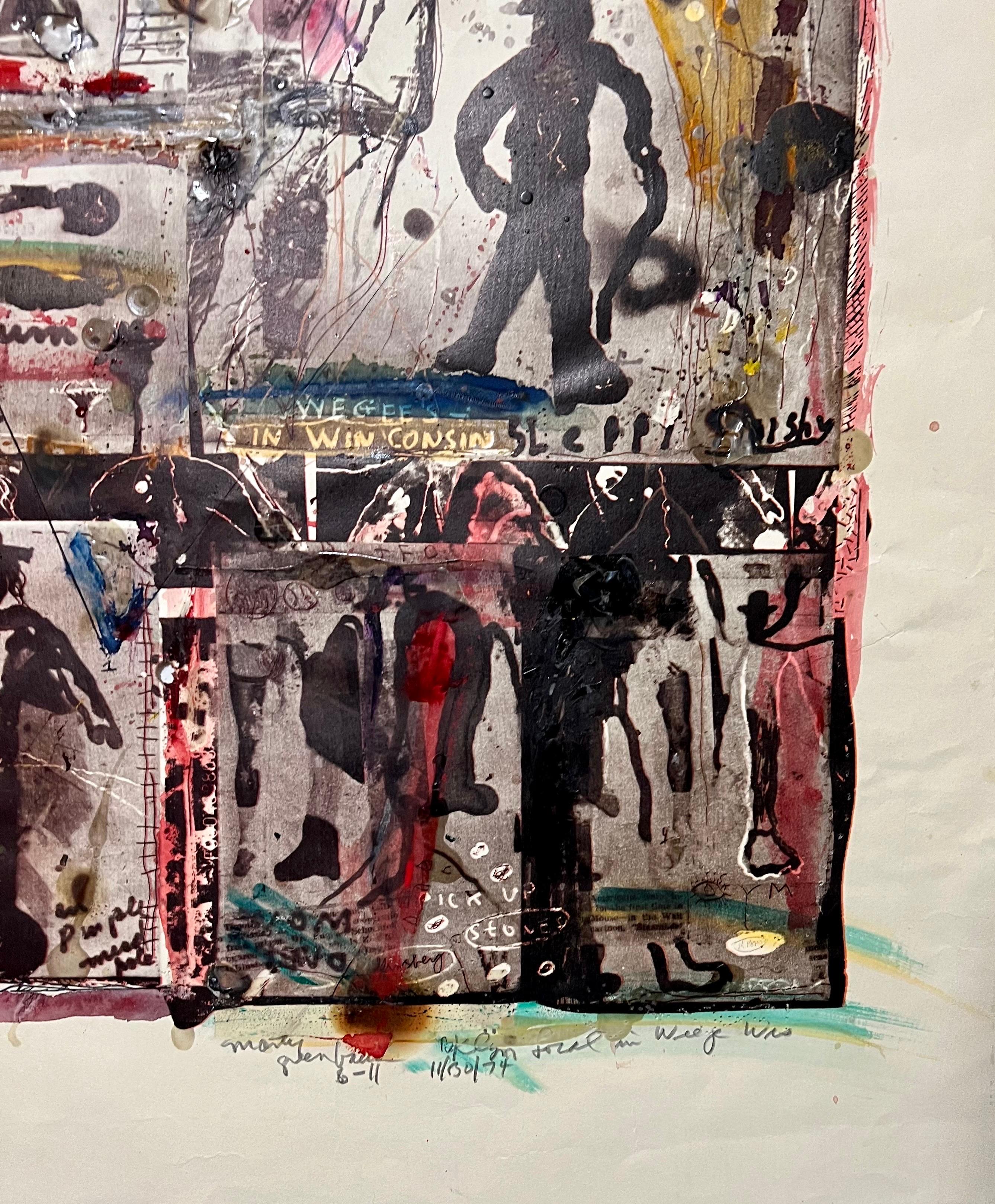 Impression technique mixte Pop Art Brut Collage, peinture, brûlage, tapis, Marty Greenbaum en vente 2