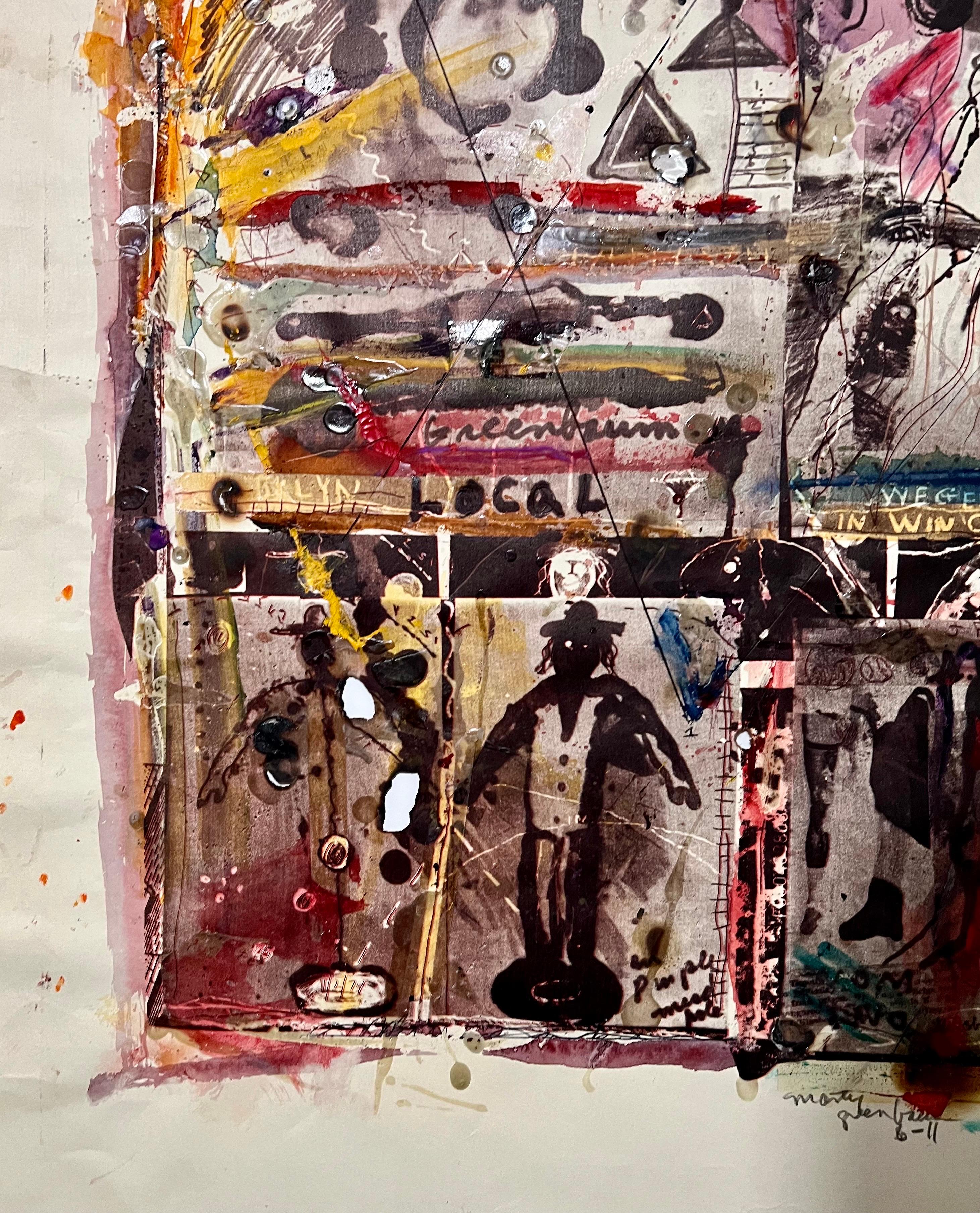Impression technique mixte Pop Art Brut Collage, peinture, brûlage, tapis, Marty Greenbaum en vente 3