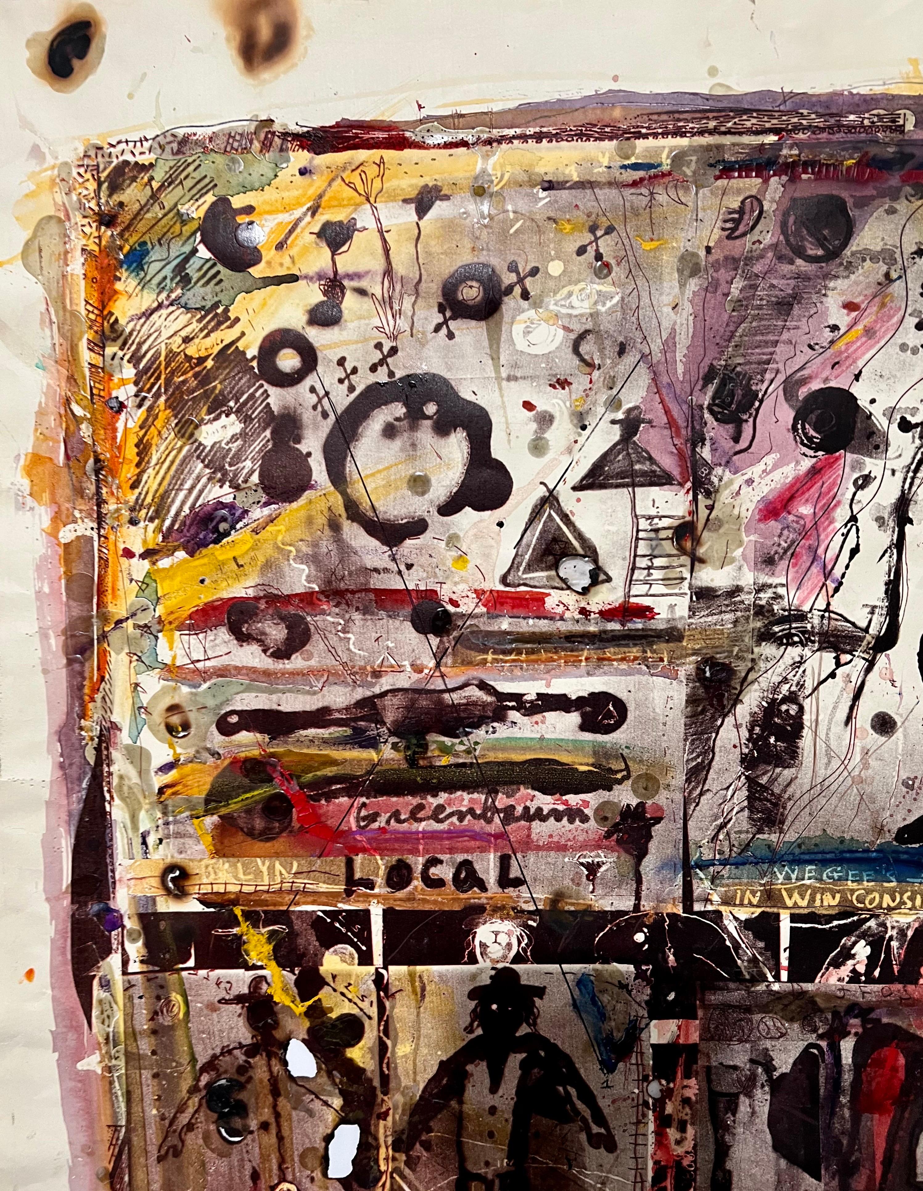 Impression technique mixte Pop Art Brut Collage, peinture, brûlage, tapis, Marty Greenbaum en vente 4