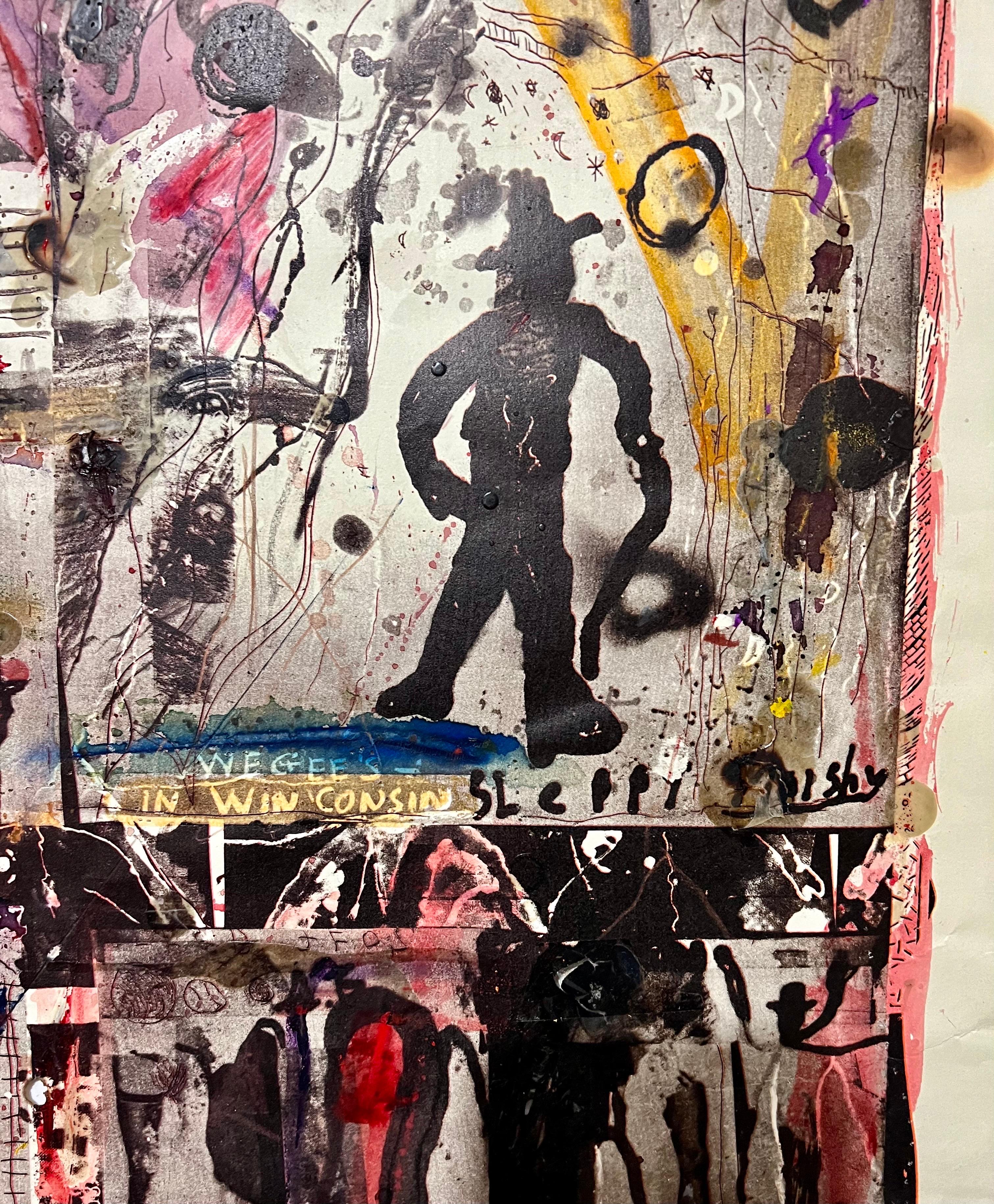 Impression technique mixte Pop Art Brut Collage, peinture, brûlage, tapis, Marty Greenbaum en vente 5