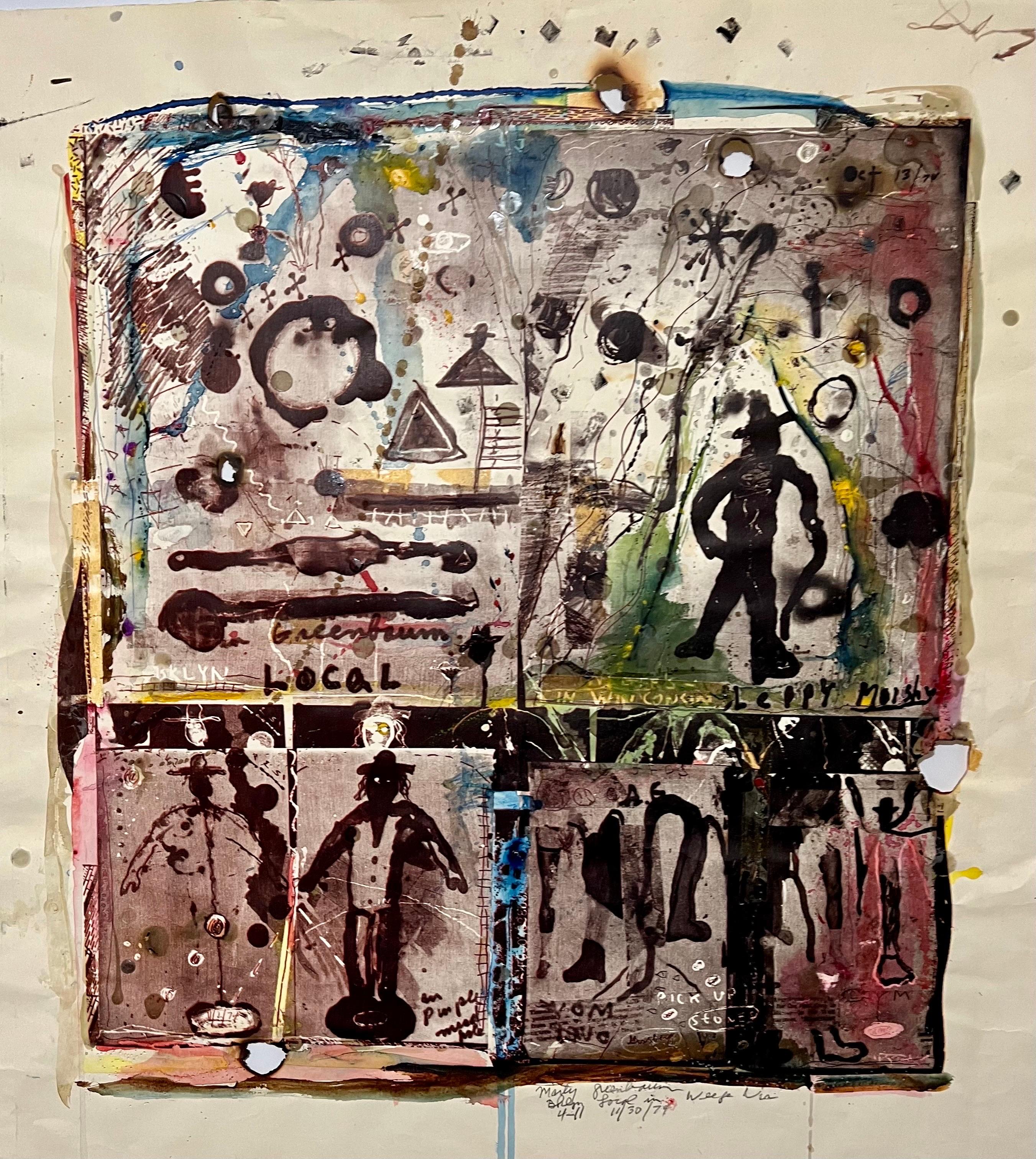  Marty Greenbaum (1934-2020)
''Brooklyn Local in Wisconsin''
 Litografia, con colorazione a mano, cucitura cieca, impuntura, bruciatura, collage di nastri e pittura
con un carattere ebraico, chassidico e sonnacchioso.


Marty Greenbaum (1934-2020) è