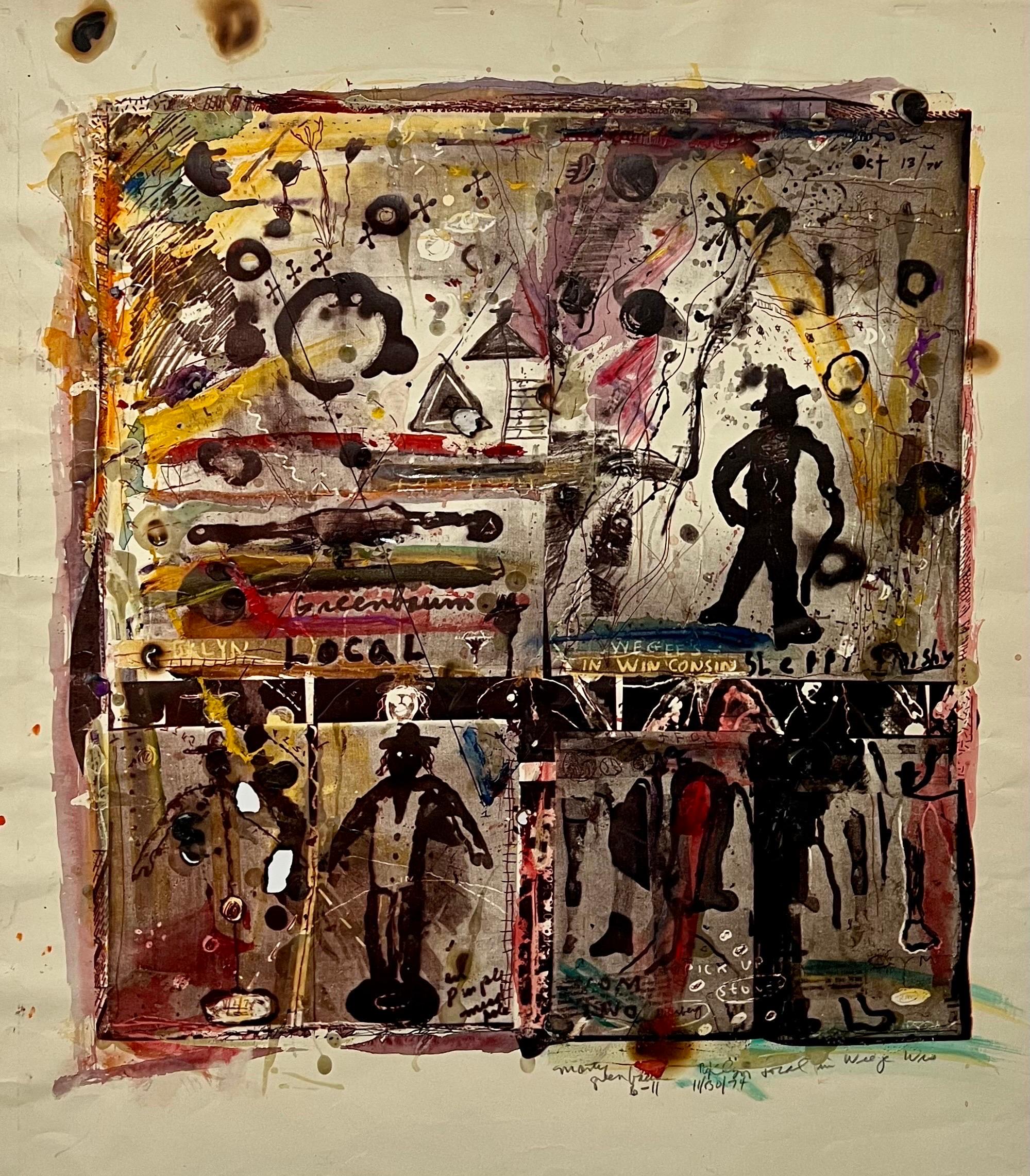 Impression technique mixte Pop Art Brut Collage, peinture, brûlage, tapis, Marty Greenbaum