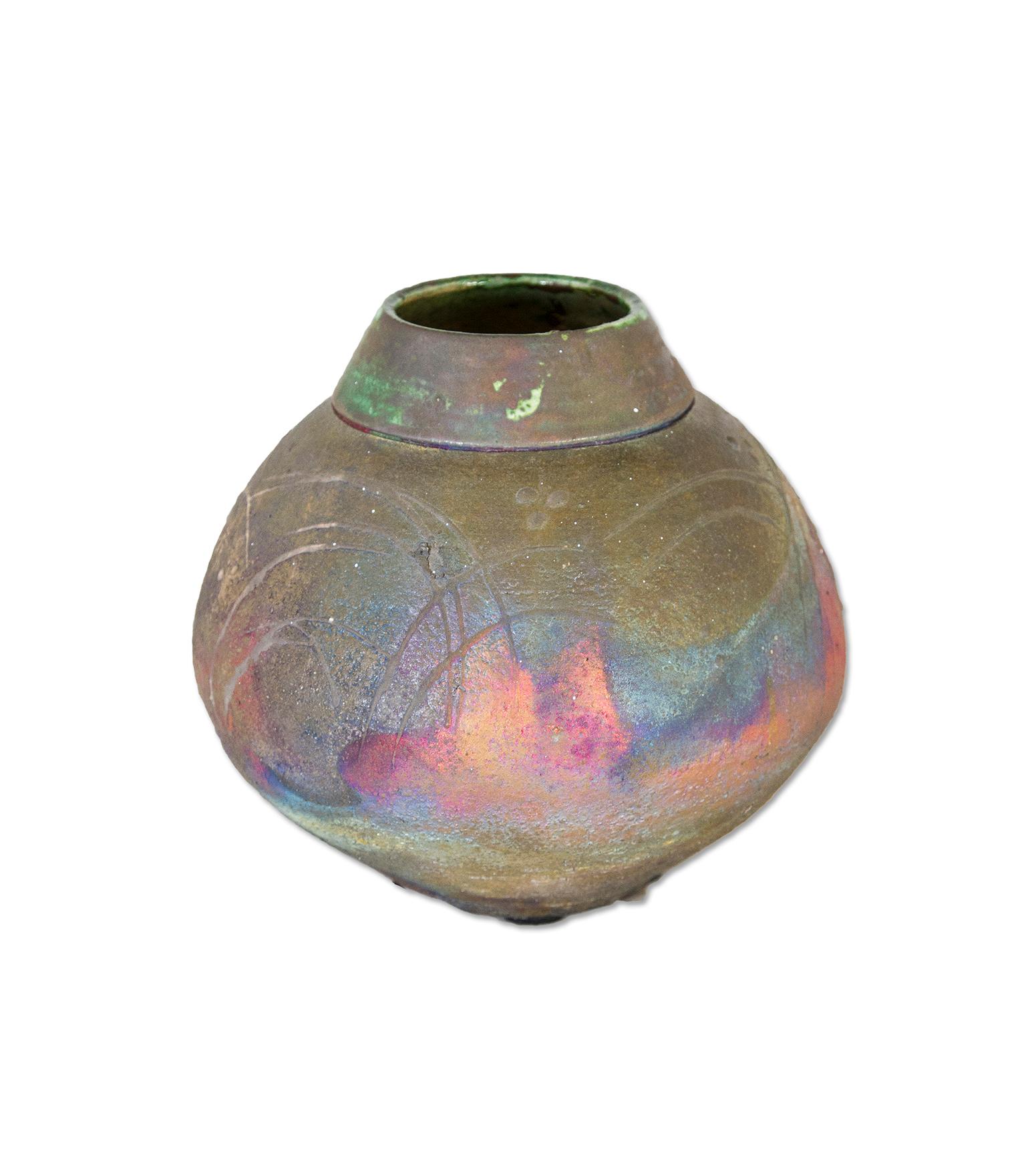 Marty Marcus Abstract Sculpture - "Raku Vase with Fireworks, " colorful unique vase design lovers