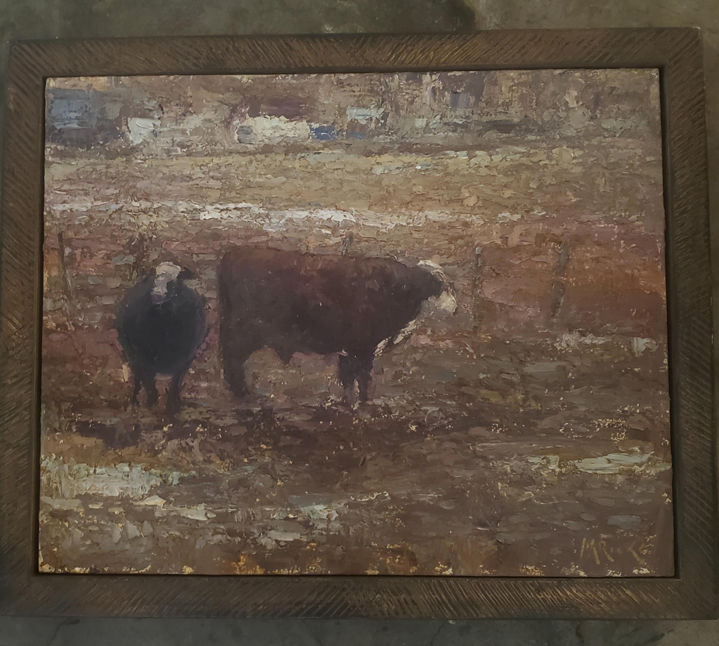 Amerikanische Landschaft mit Stier und Kuh,  Tonalismus, Viehmalerei, Utah, Idaho – Painting von Marty Ricks