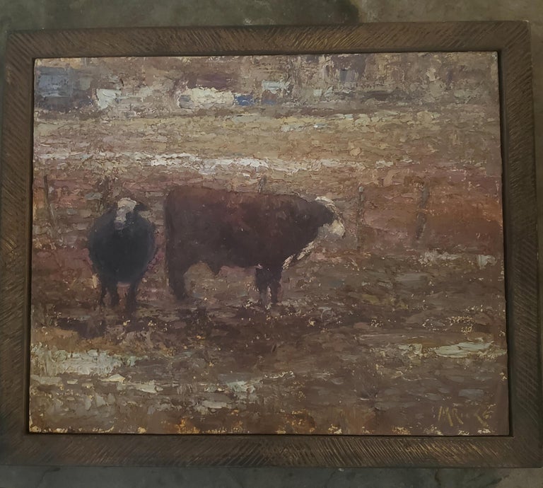 Bull and Cow American Landscape,  Tonalism, Cattle painting, Utah, Idaho - Painting by Marty Ricks