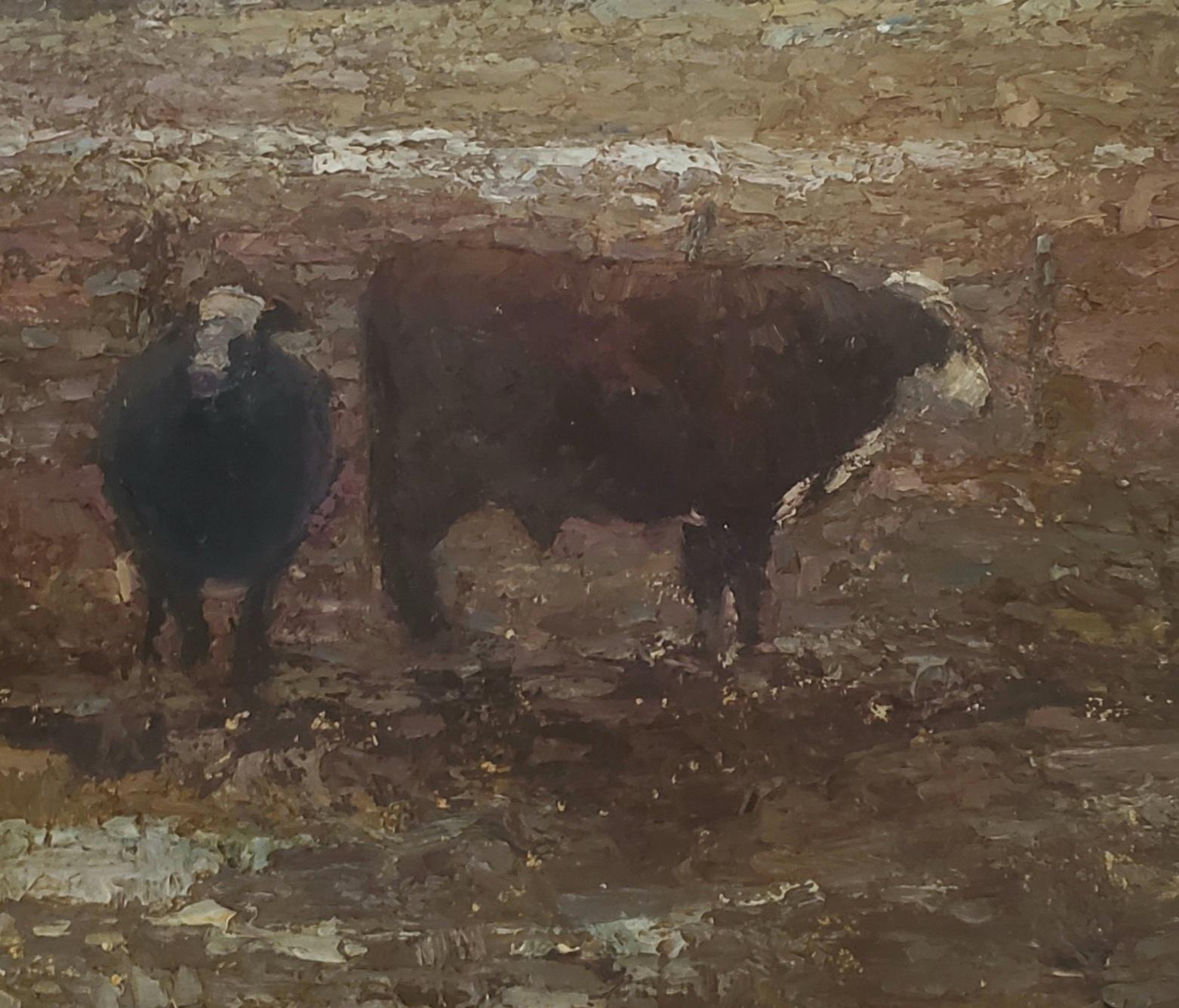 Amerikanische Landschaft mit Stier und Kuh,  Tonalismus, Viehmalerei, Utah, Idaho (Amerikanischer Impressionismus), Painting, von Marty Ricks