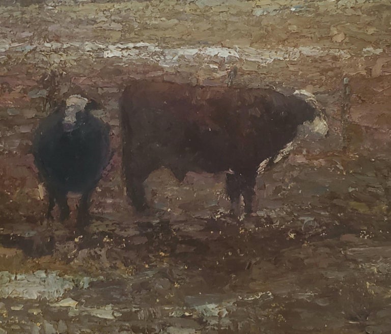 Bull and Cow American Landscape,  Tonalism, Cattle painting, Utah, Idaho - American Impressionist Painting by Marty Ricks