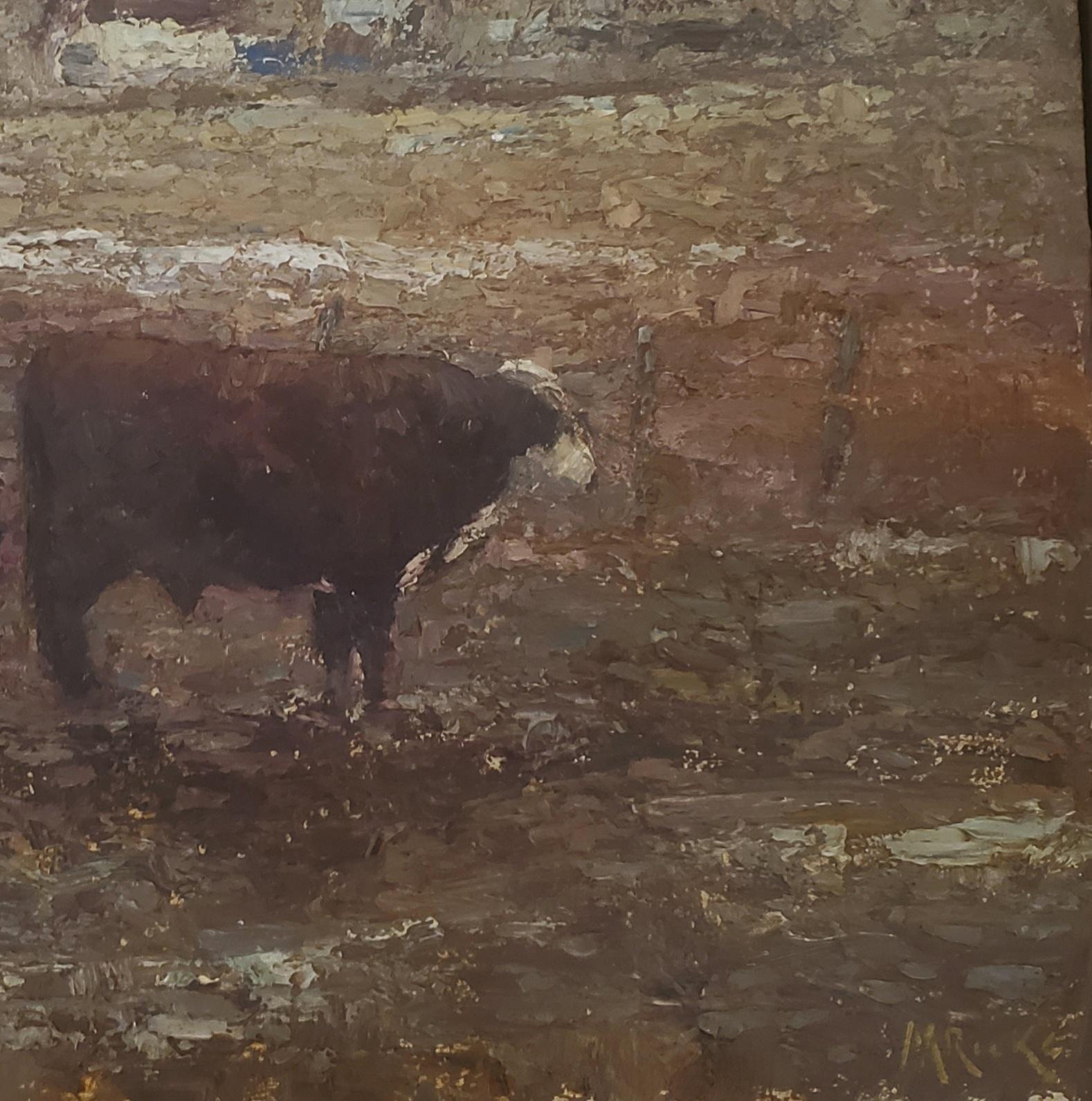 Amerikanische Landschaft mit Stier und Kuh,  Tonalismus, Viehmalerei, Utah, Idaho (Braun), Animal Painting, von Marty Ricks