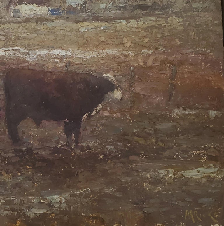 Bull and Cow American Landscape,  Tonalism, Cattle painting, Utah, Idaho - Brown Animal Painting by Marty Ricks