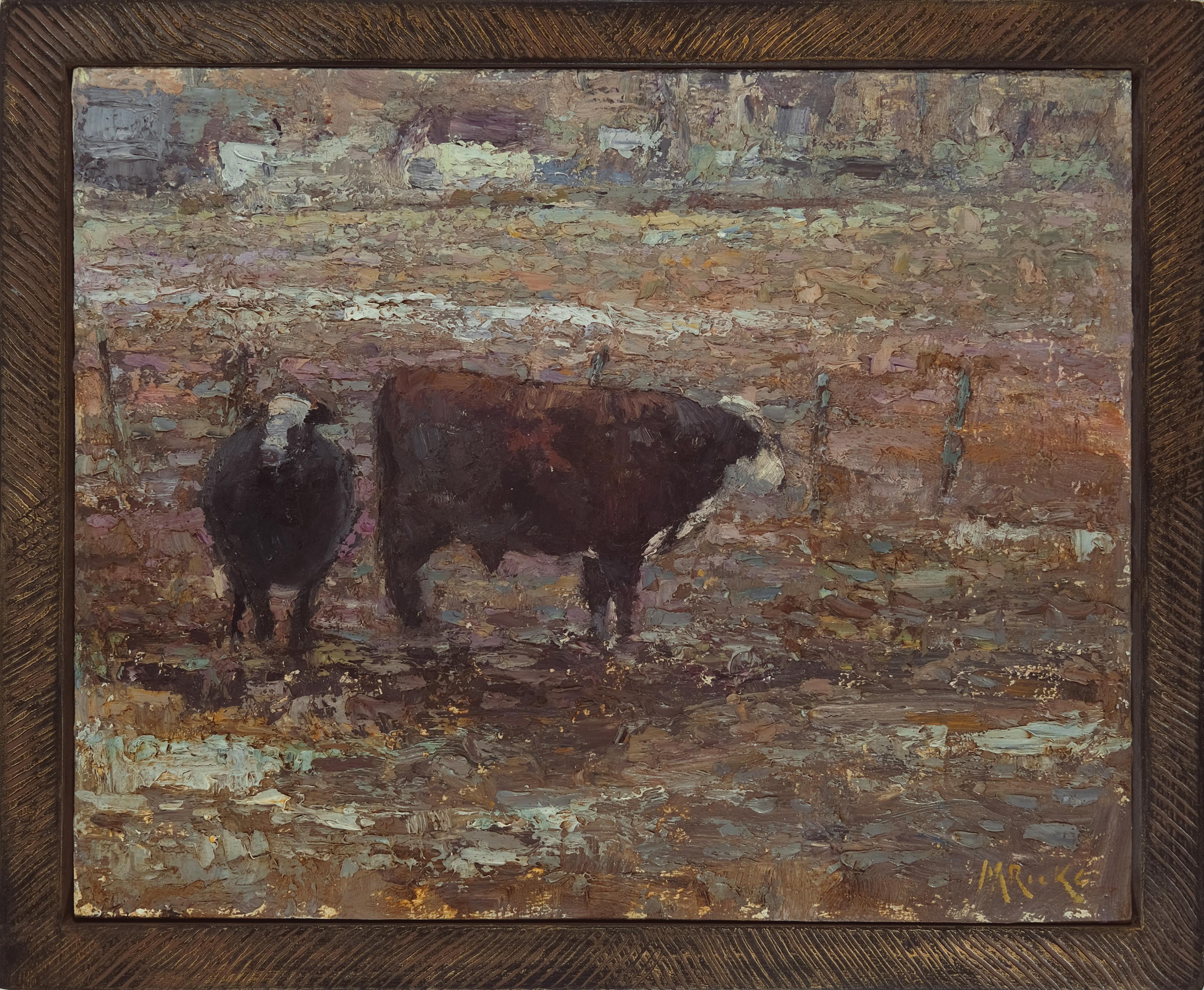 Bull and Cow American Landscape,  Tonalism, Cattle painting, Utah, Idaho