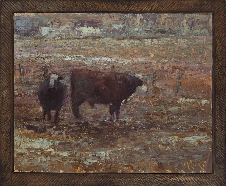 Marty Ricks Animal Painting - Bull and Cow American Landscape,  Tonalism, Cattle painting, Utah, Idaho