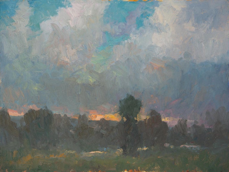 Idaho Sunset, American Landscape,  Tonalist rural landscape painting,Utah,Idaho - Gray Landscape Painting by Marty Ricks