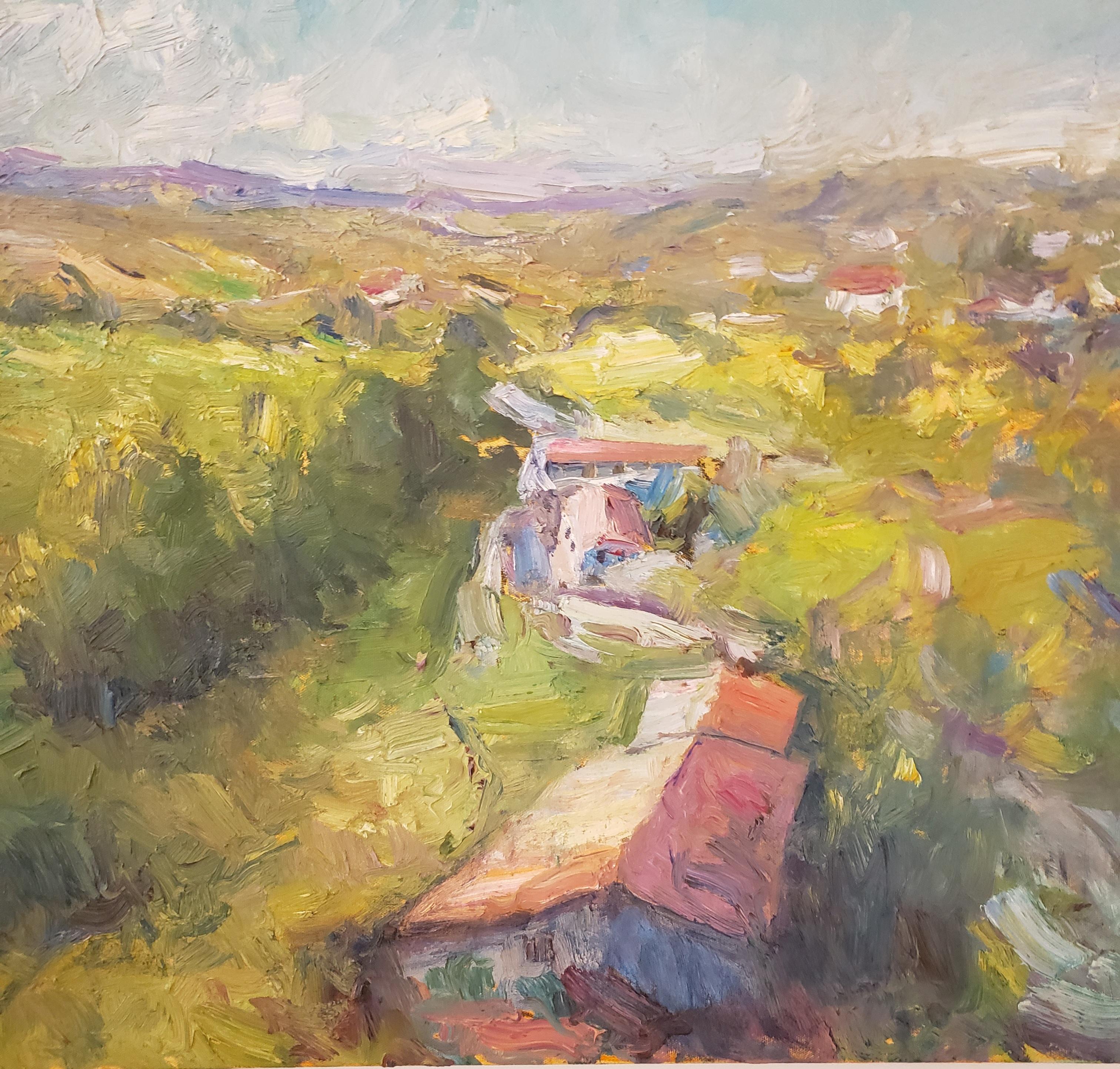 Un  Pueblo en  España, A Village in Spain, Tonalist , oil , Spain Landscape - American Impressionist Painting by Marty Ricks