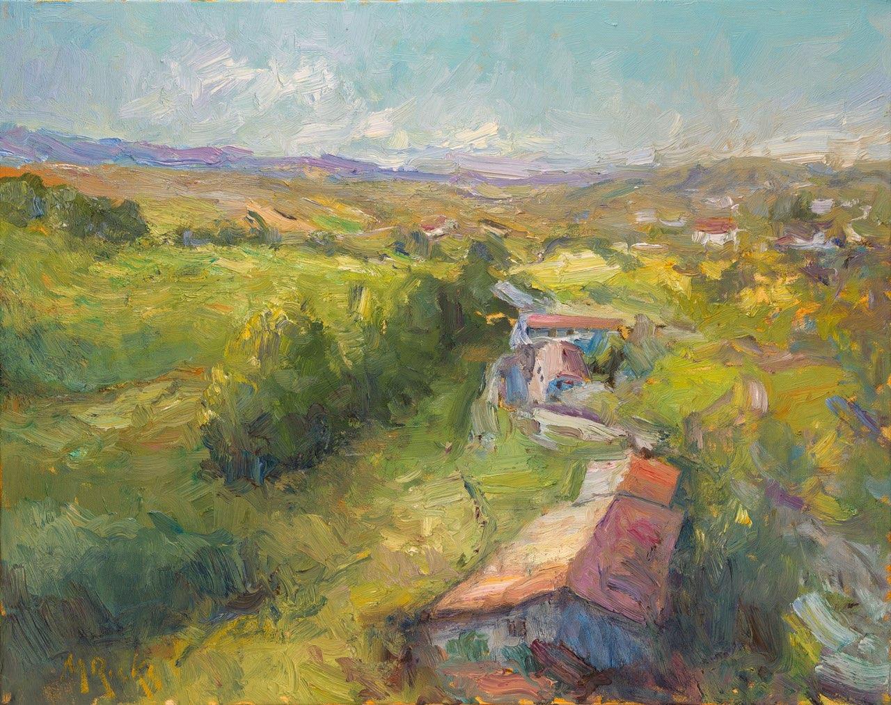 Un  Pueblo en  España, A Village in Spain,Tonalist , oil , Spain Landscape