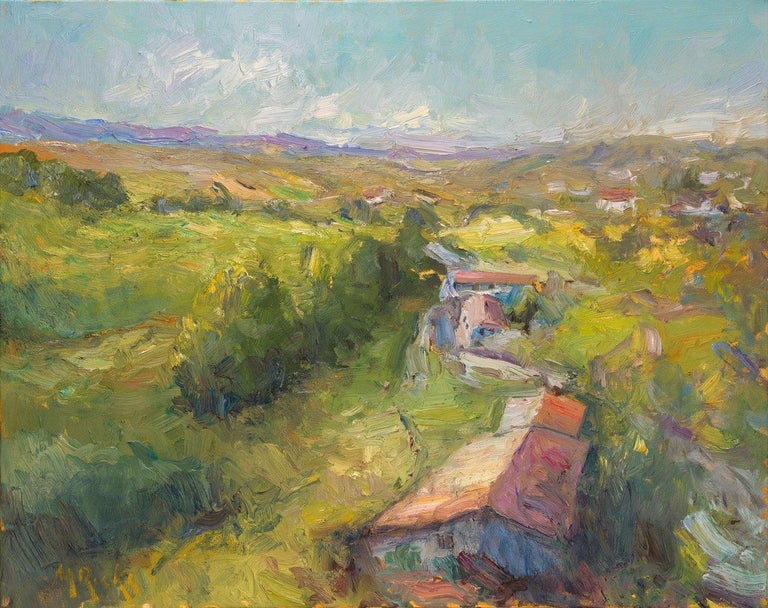 Marty Ricks Landscape Painting - Un  Pueblo en  España, A Village in Spain,Tonalist , oil , Spain Landscape