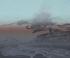 Lithographie semi-abstraite en couleur, paysage ancien, gris bleu