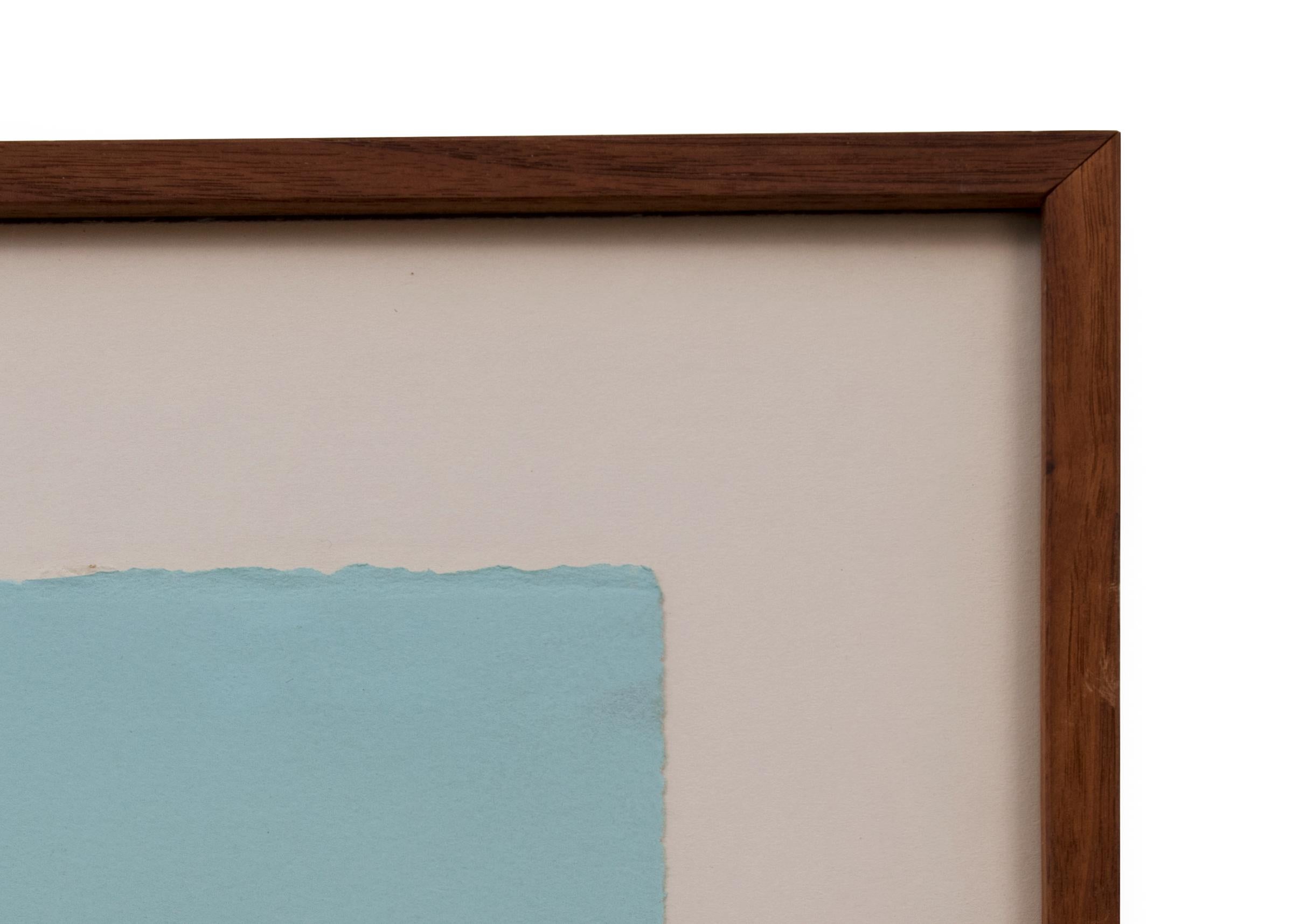 Early, a vintage original signed lithograph on paper by Martyl (Suzanne Schweig Langsdorf), numbered 5 of 10, printed at the Tamarind Institute, New Mexico in colors of  Blue, Gray and Red-Orange. Presented in a custom hardwood frame with glass,