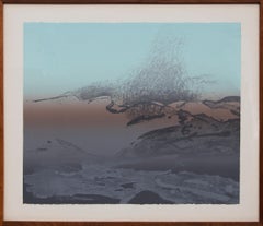 Early, Semi Abstract Landscape Colored Lithograph Print, Blues Gray
