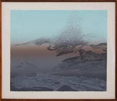 Early, Semi Abstract Landscape Colored Lithograph Print, Blues Gray 