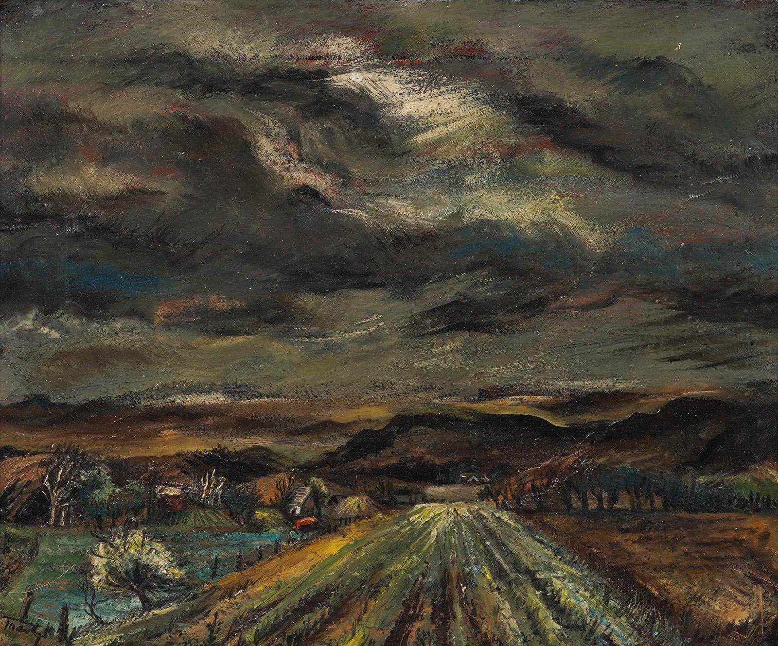 Wichtig  Regionalist WPA Modern Gerahmtes und signiertes Landschafts-Ölgemälde (Moderne), Painting, von Martyl Suzanne Schweig Langsdorf