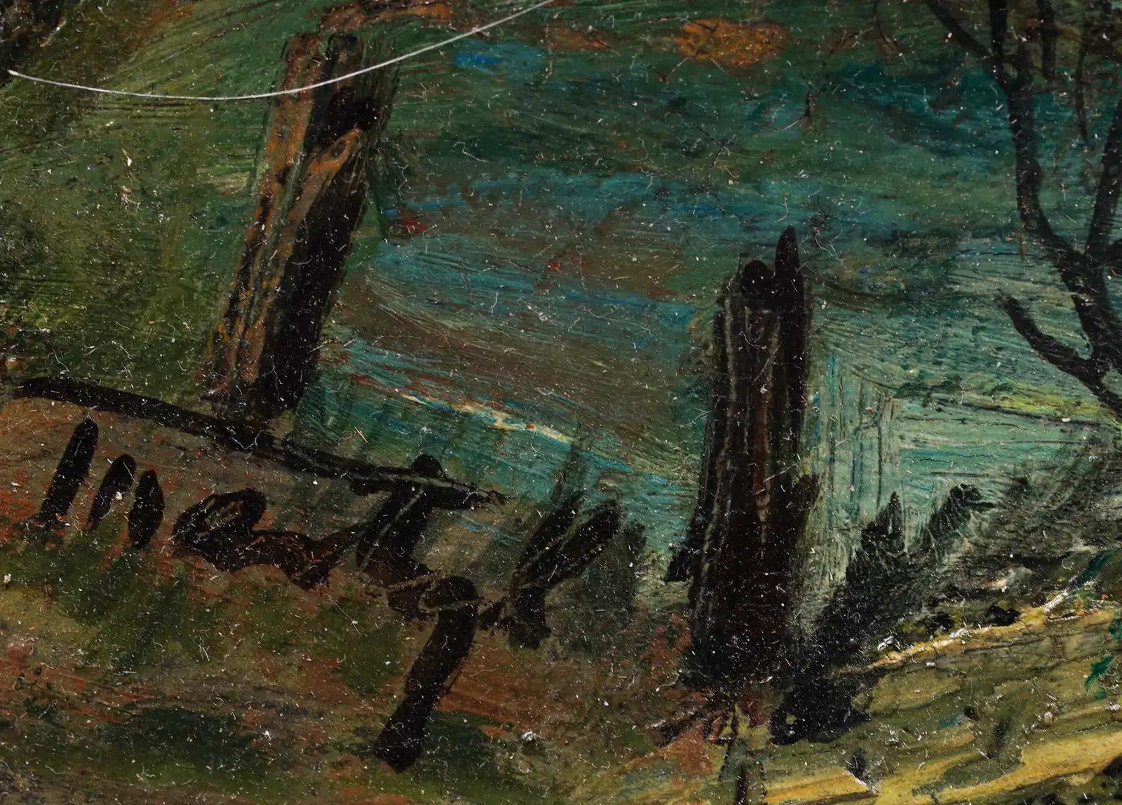 Modernistische Landschaftsmalerei in Öl von Suzanne Schweig Langsdorf Martyl (1917/18 - 2013). Öl auf Karton. Unterschrieben. Gerahmt. Messen 28 von 32 Zoll insgesamt und 20 von 24 Malerei allein.