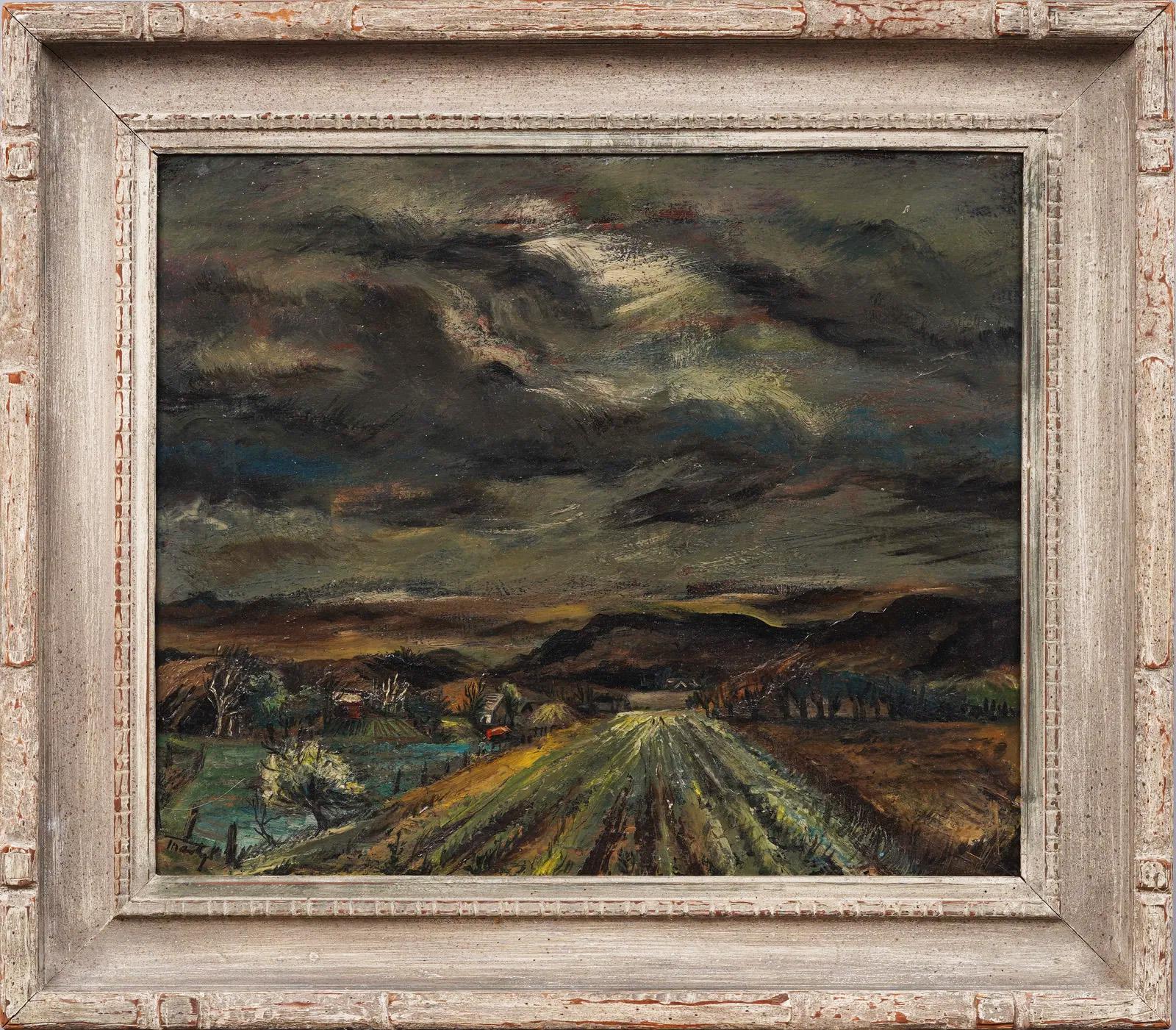 Importante  Pintura al óleo de paisaje moderno regionalista de la WPA enmarcada y firmada