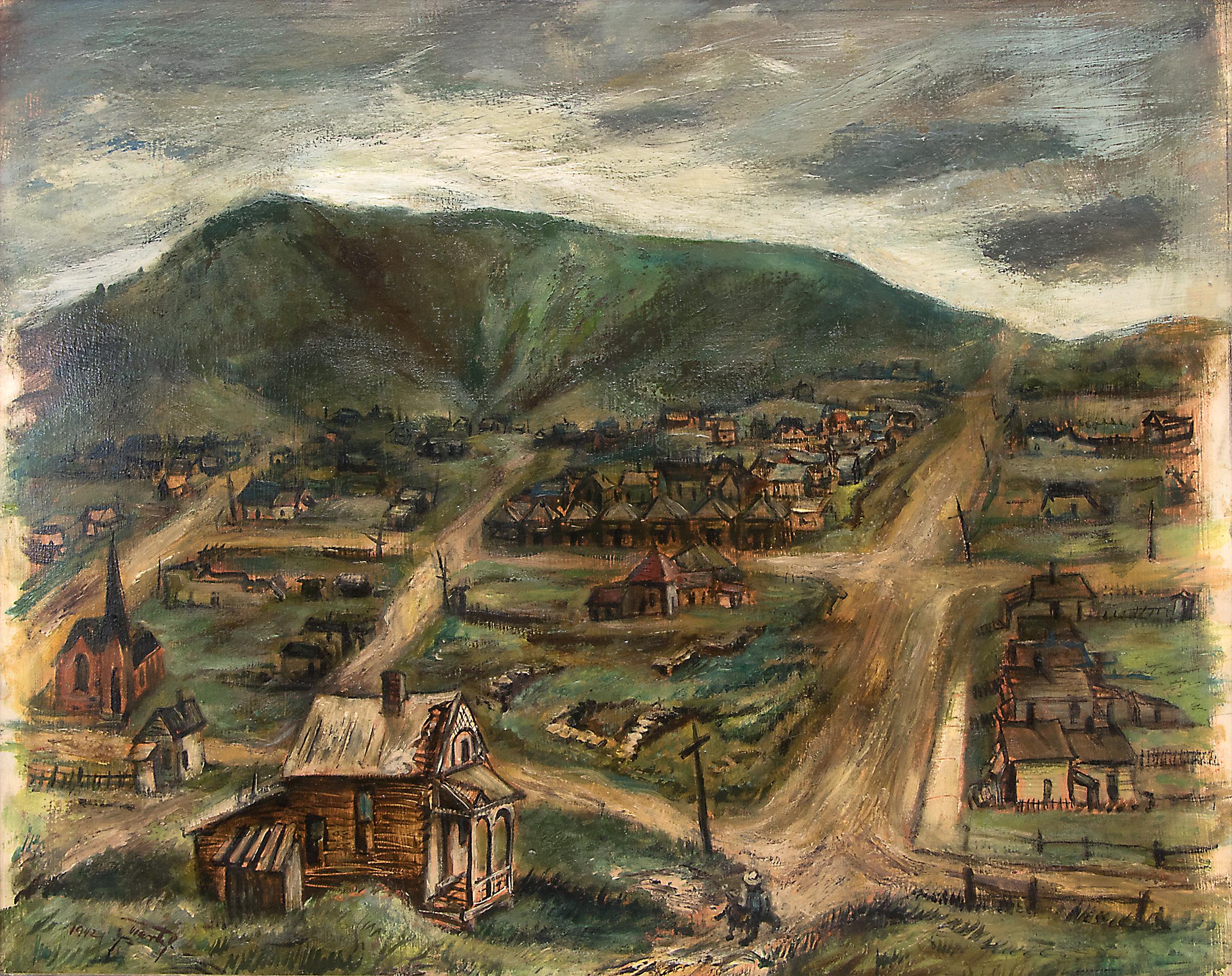 Modernistische Berglandschaft mit Stadt, Bergbaustadt, Colorado, 1940er Jahre – Painting von Martyl Suzanne Schweig Langsdorf