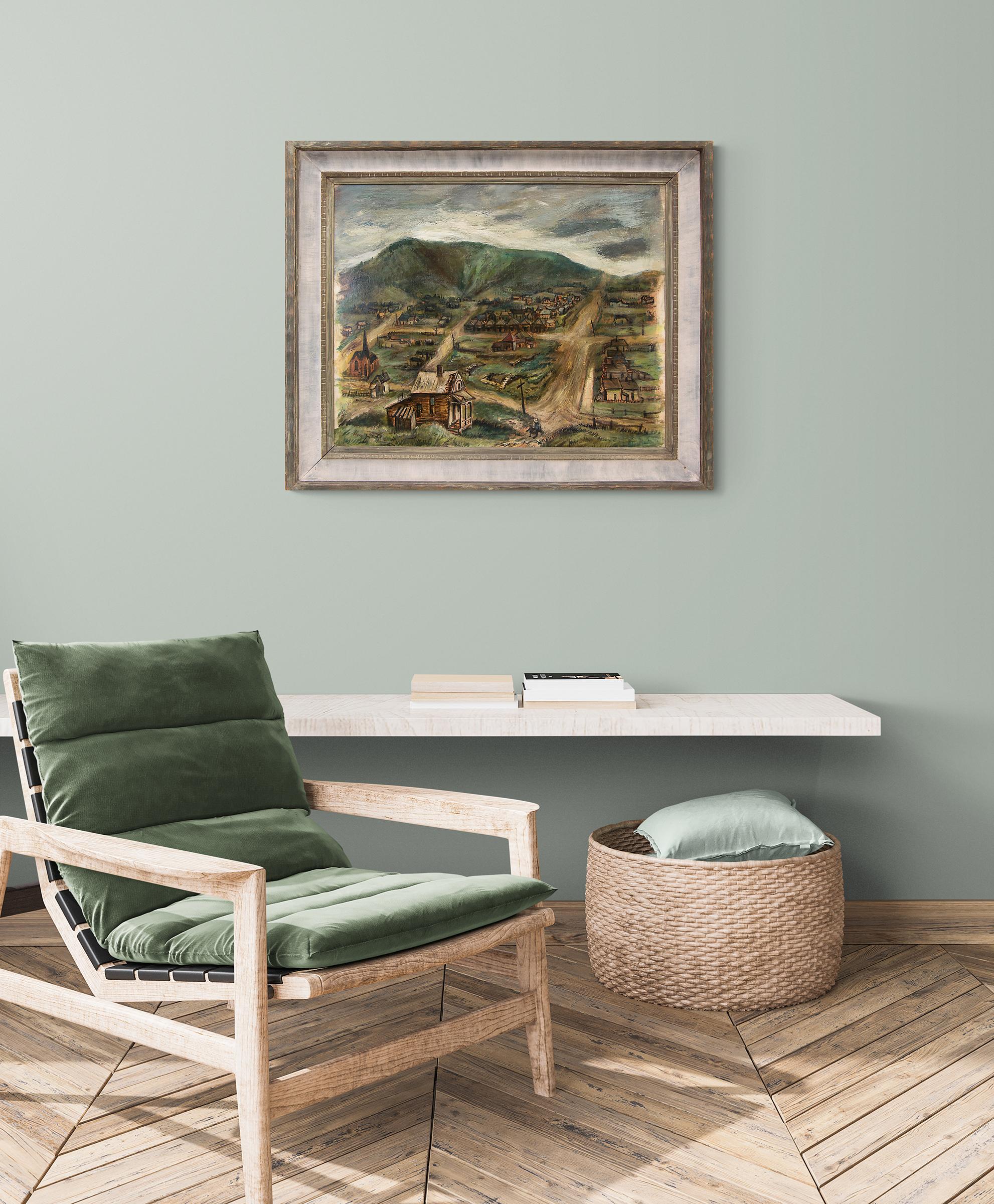 Modernistische Berglandschaft mit Stadt, Bergbaustadt, Colorado, 1940er Jahre (Amerikanische Moderne), Painting, von Martyl Suzanne Schweig Langsdorf