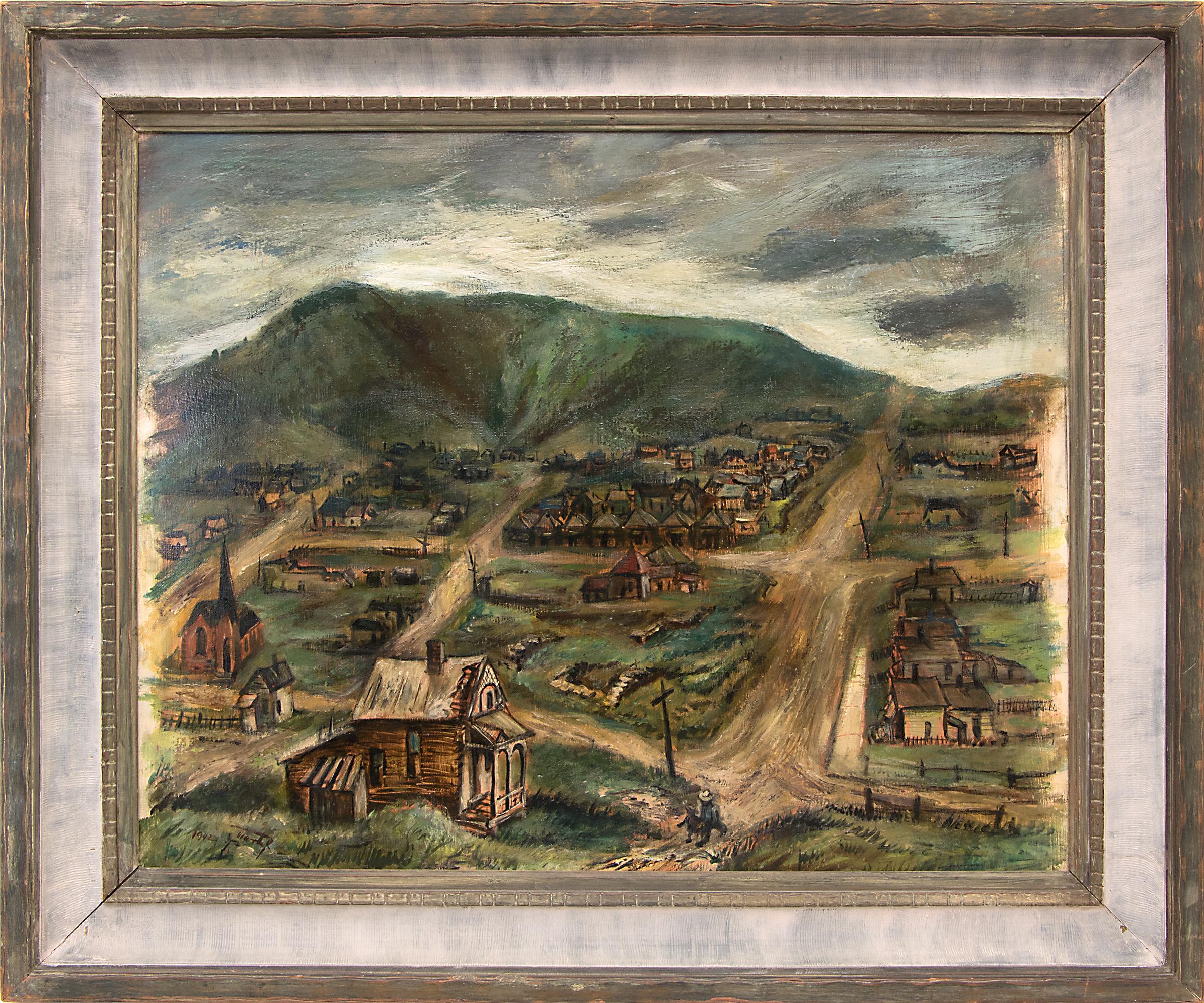 Victor, Colorado, paysage de montagne moderniste des années 1940 avec ville et ville minier