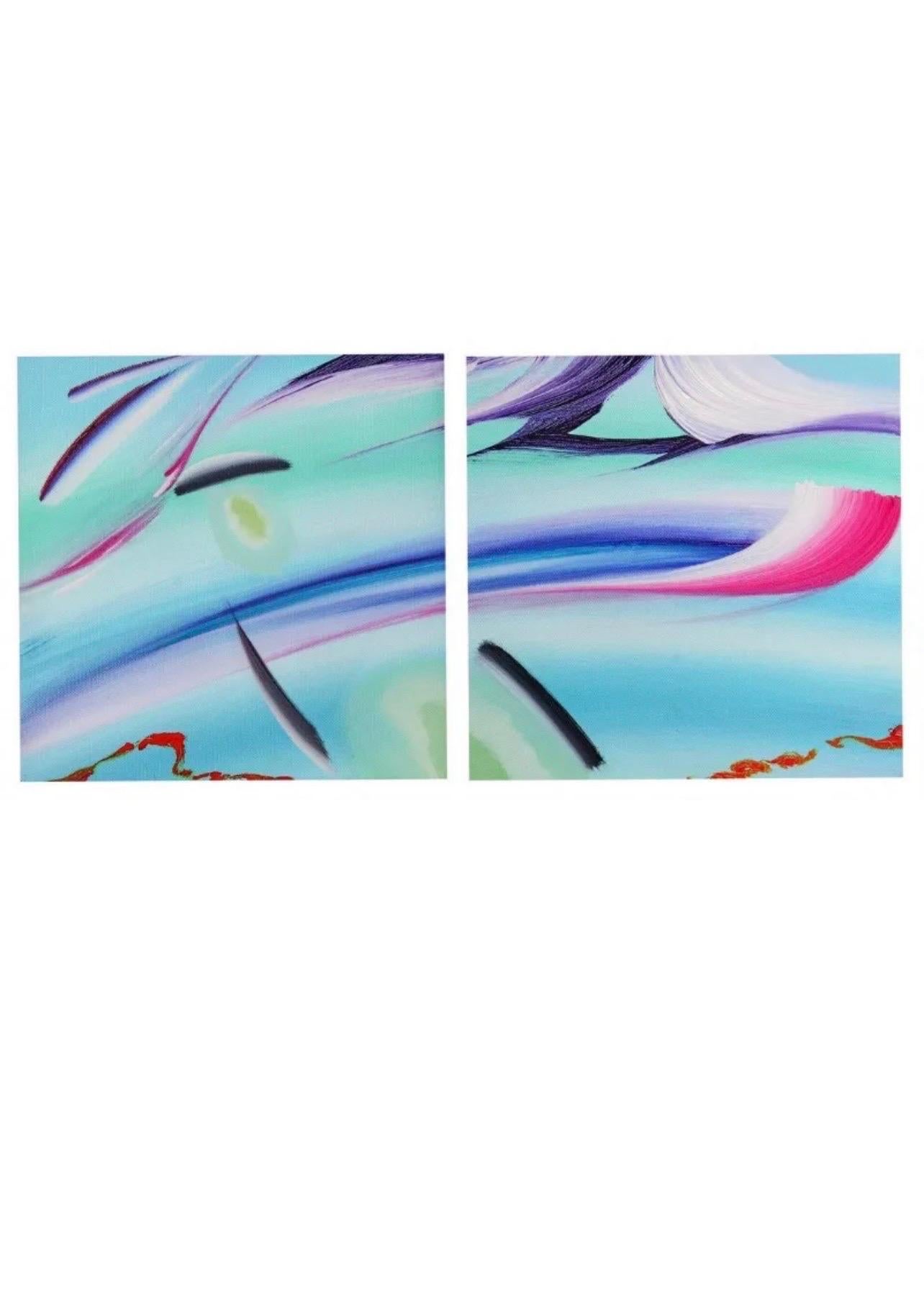 Surrealist Abstract Painting Pair, Martyn Jones British Color Diptych Painting For Sale 1