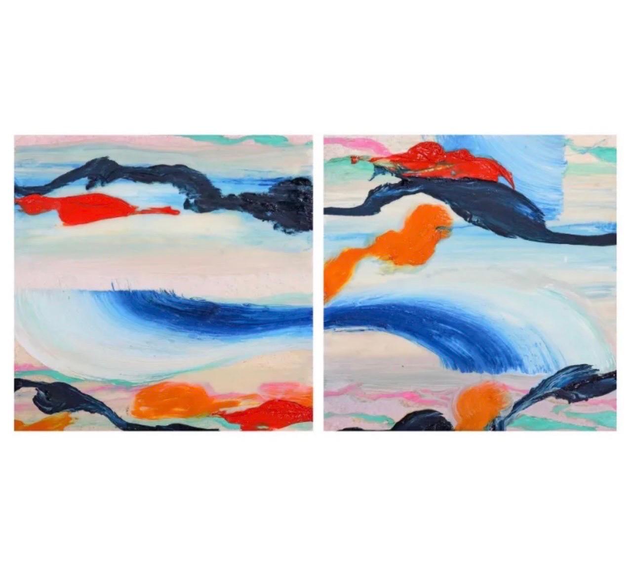 Surrealistische abstrakte Malerei Paar, Martyn Jones British Farbe Diptychon Malerei im Angebot 1