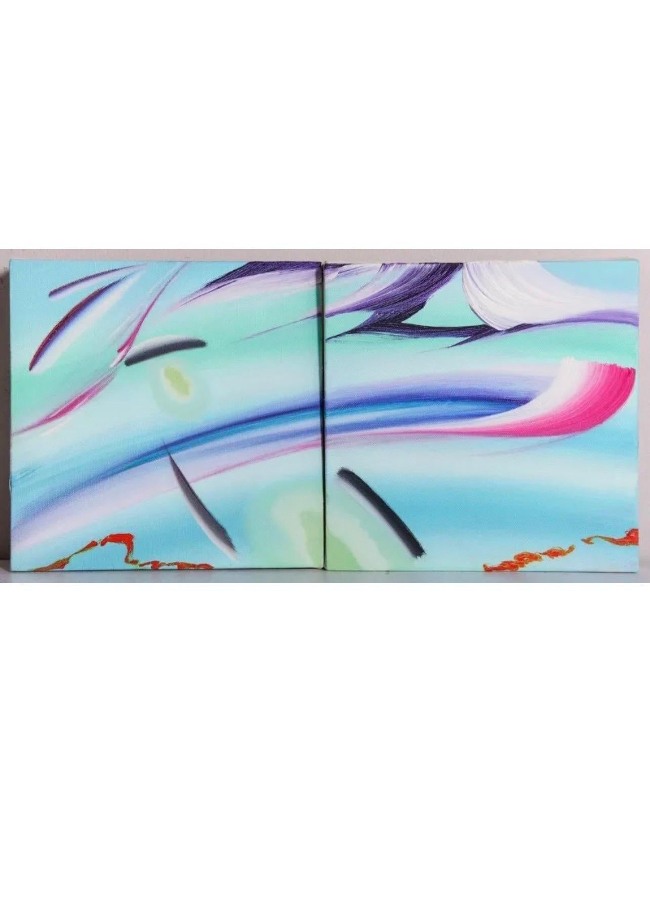 Surrealist Abstract Painting Pair, Martyn Jones British Color Diptych Painting For Sale 2