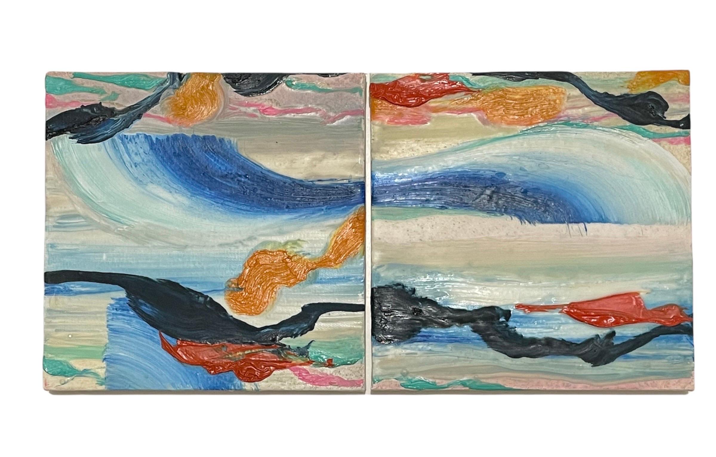 Surrealistische abstrakte Malerei Paar, Martyn Jones British Farbe Diptychon Malerei im Angebot 5