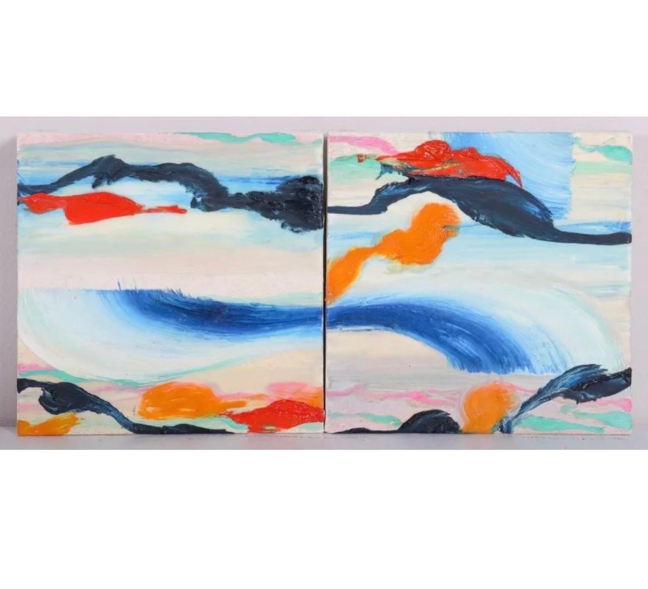 Surrealist Abstract Painting Pair, Martyn Jones British Color Diptych Painting