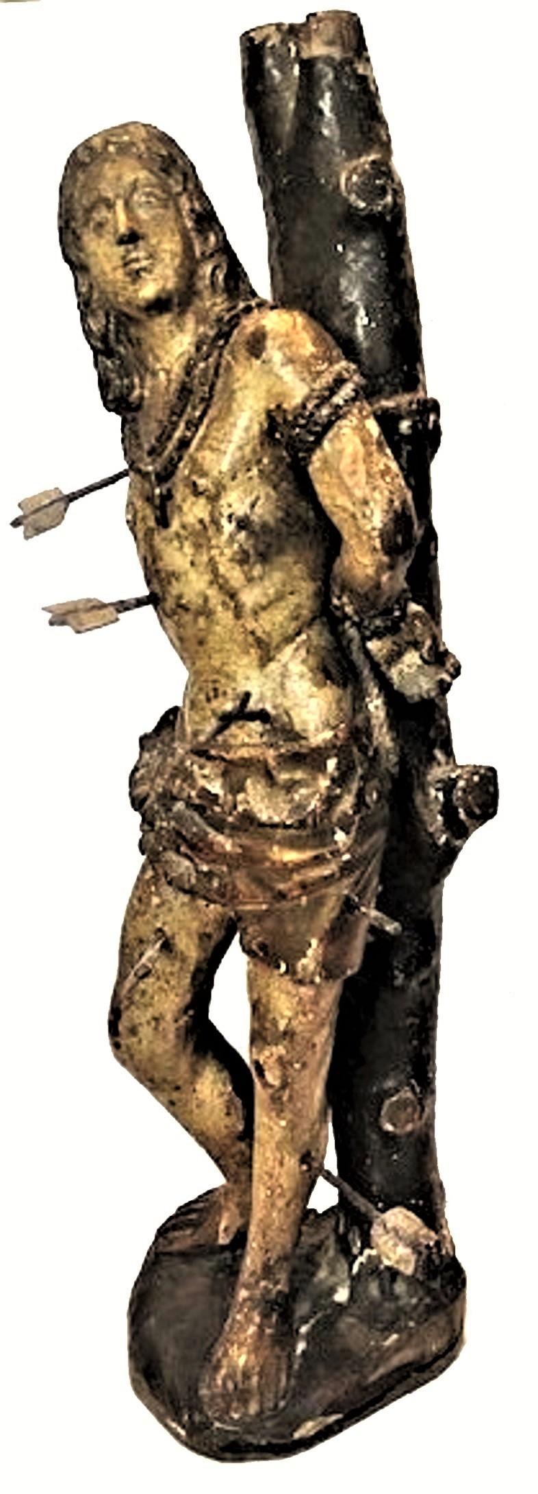 Martyrium des Heiligen Sebastian, geschnitzte Holzskulptur aus der French Renaissance, um 1550 (Französisch) im Angebot