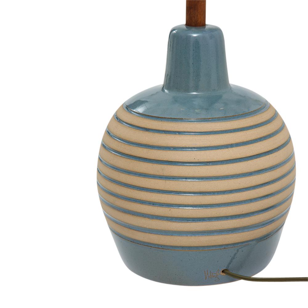 Martz Ceramic Lamp, Blue and Tan, Teak, Signed 3