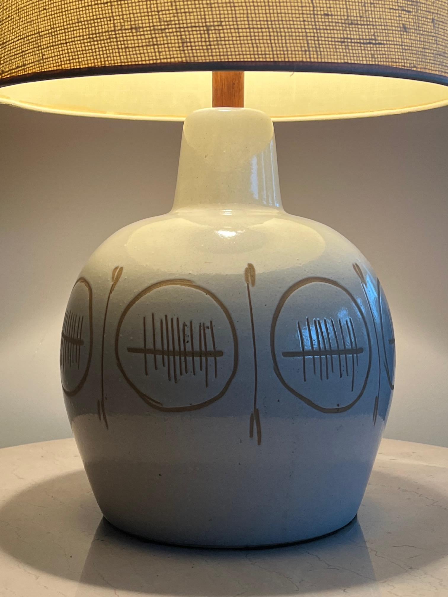American Martz Ceramic Lamp with Sgraffito Decoration For Sale