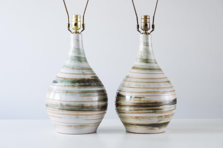 American Martz Ceramic Table Lamp Pair, Model 101, Green / White Swirl