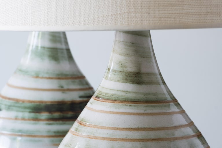 Martz Ceramic Table Lamp Pair, Model 101, Green / White Swirl 1