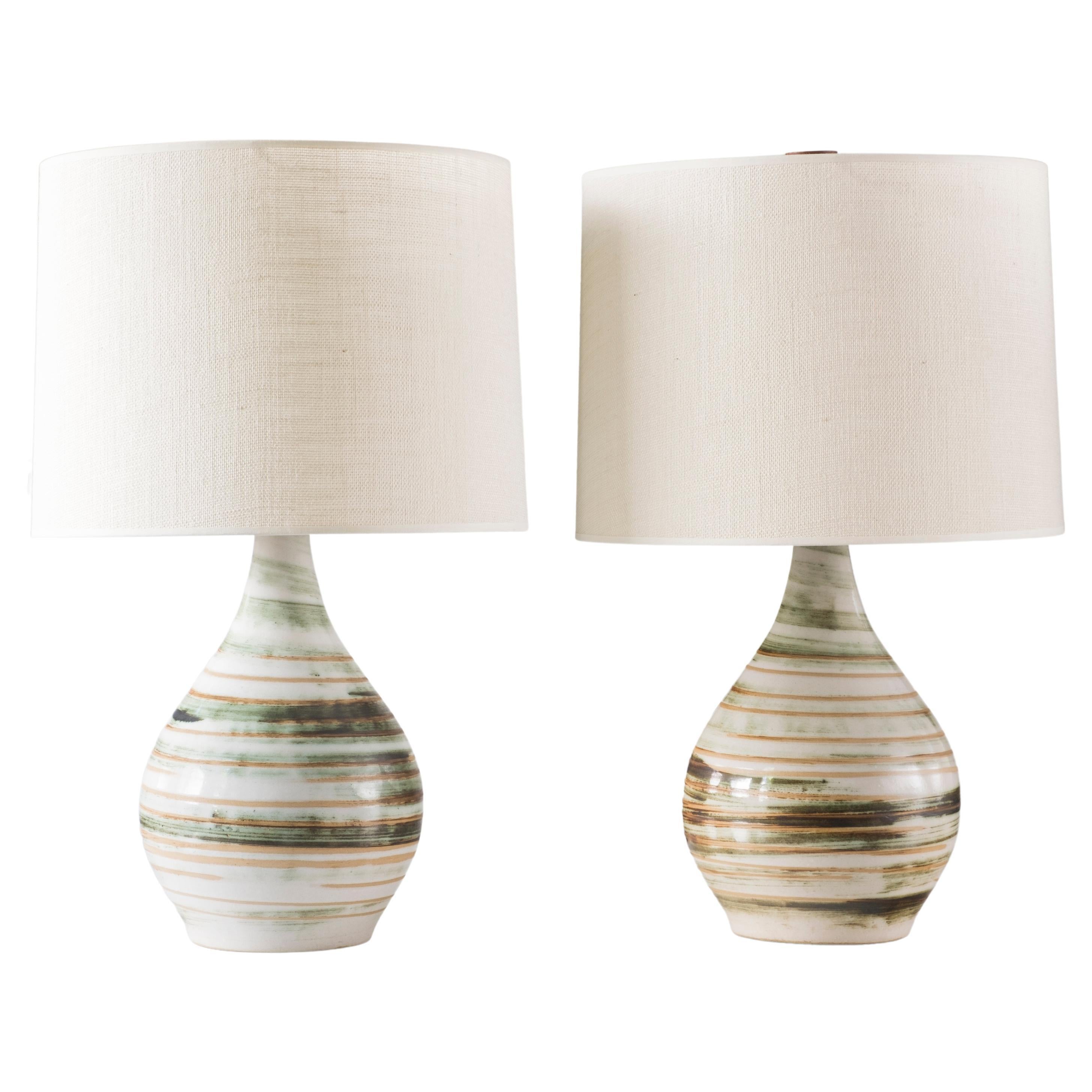 Martz Ceramic Table Lamp Pair, Model 101, Green / White Swirl