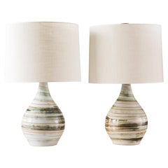 Martz Ceramic Table Lamp Pair, Model 101, Green / White Swirl
