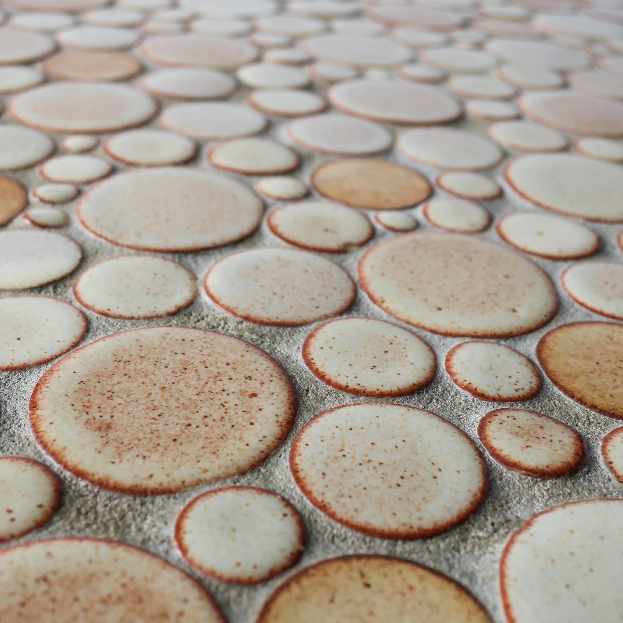 Martz Ceramic Tile Top Oak Coffee Table, Tan Circles, Marshall Studios For Sale 4
