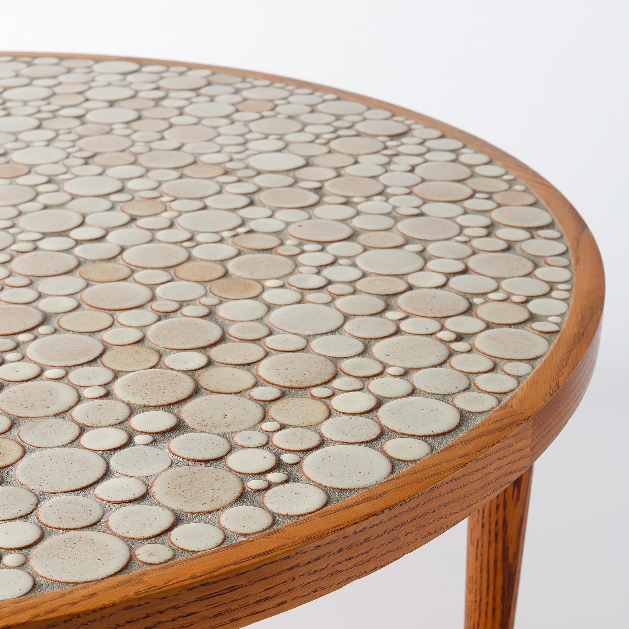 American Martz Ceramic Tile Top Oak Coffee Table, Tan Circles, Marshall Studios For Sale